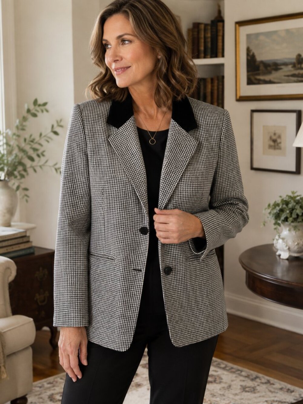 Alfred Dunner Black White Houndstooth Blazer Jacket Size 14 Lurex Fully Lined